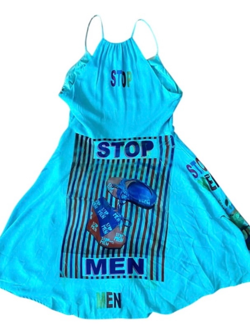 Express Aqua Graphic 'STOP MEN' Halter Dress